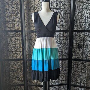 INC Small black white blue turquoise color blocked stripe dress
